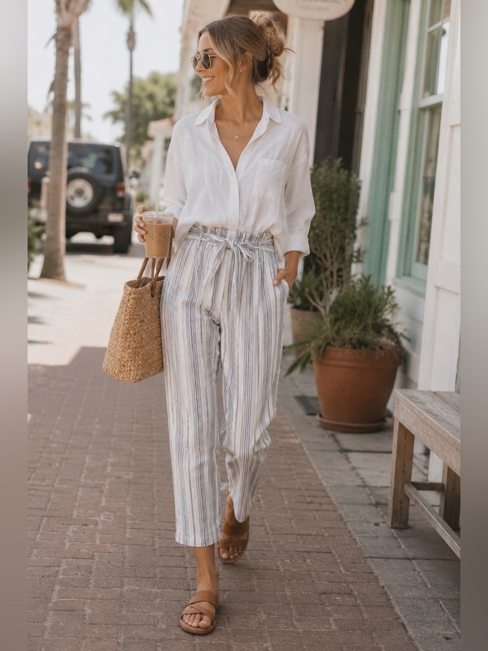 Madewell Linen Paperbag Pants Size 10 Coastal Stripe Crop Tie Waist Summer - Picture 12 of 14